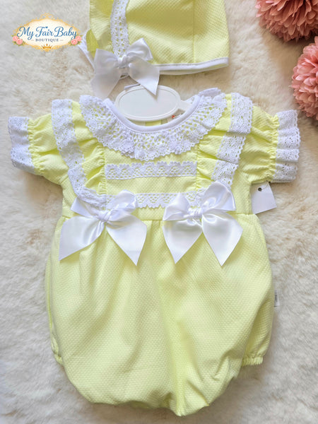 Spanish Baby Girls Lemon Waffle Romper & Bonnet Set
