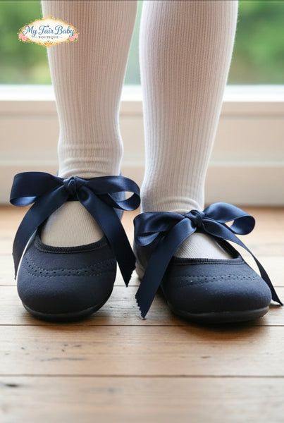 Spanish Girls Navy Suede Ballet Ribbon Tie Shoes - NON RETURNABLE