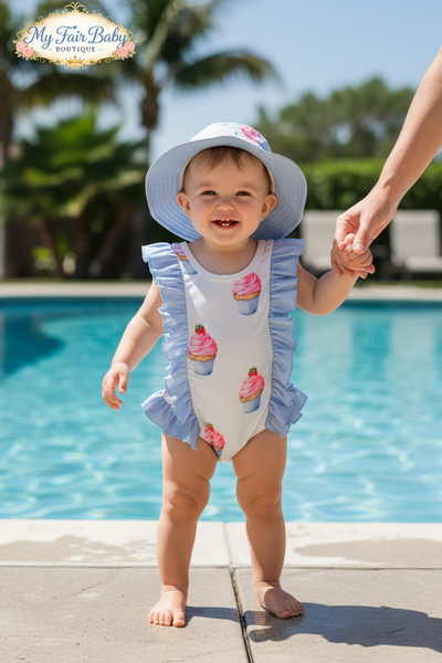 Baby Girls Blue Cupcake Print Swimsuit