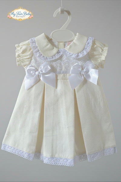 Spanish Baby Girls Cream Pique Pleated Dress V004C ~ 3-36m