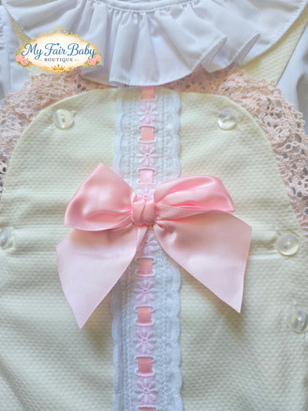 Spanish Baby Girls Cream & Pink Waffle Bow Romper M002C