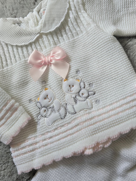 Spanish Baby Girls White & Pink Knitted Teddy 3pc Set ~ 0-3m