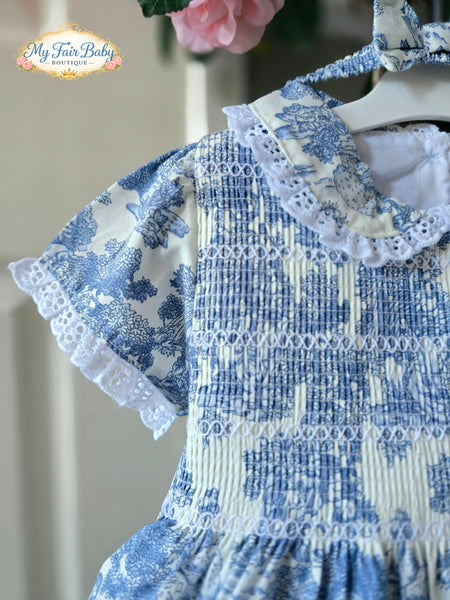 Mabini Traditional Girls Blue Toile Smocked Dress Set MB2620 ~ 0-6y
