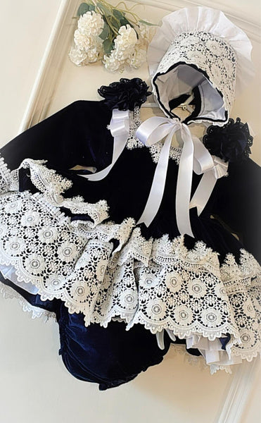 Ela Confeccion AW26 Spanish Girls Navy Lace Trimmed Puffball Dress - MADE TO ORDER
