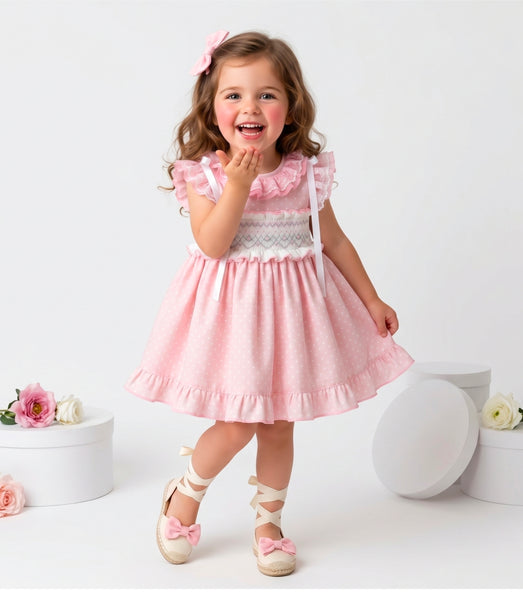 Sonata Infantil SS26 Girls Pink Polkadot Smocked Puffball Dress VE2630 ~ MADE TO ORDER