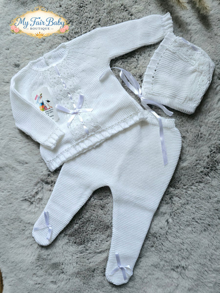 Spanish Creaciones Gavidia Unisex Baby White Knitted 3pc Lace Set 2124