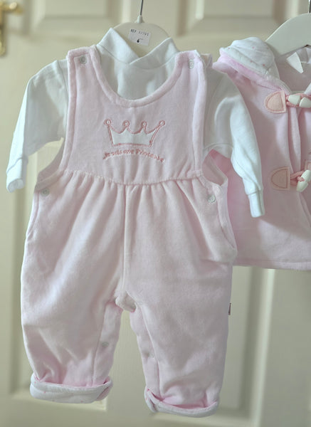 Traditional Baby Girls Pink Dungaree & Jacket 3pc Set