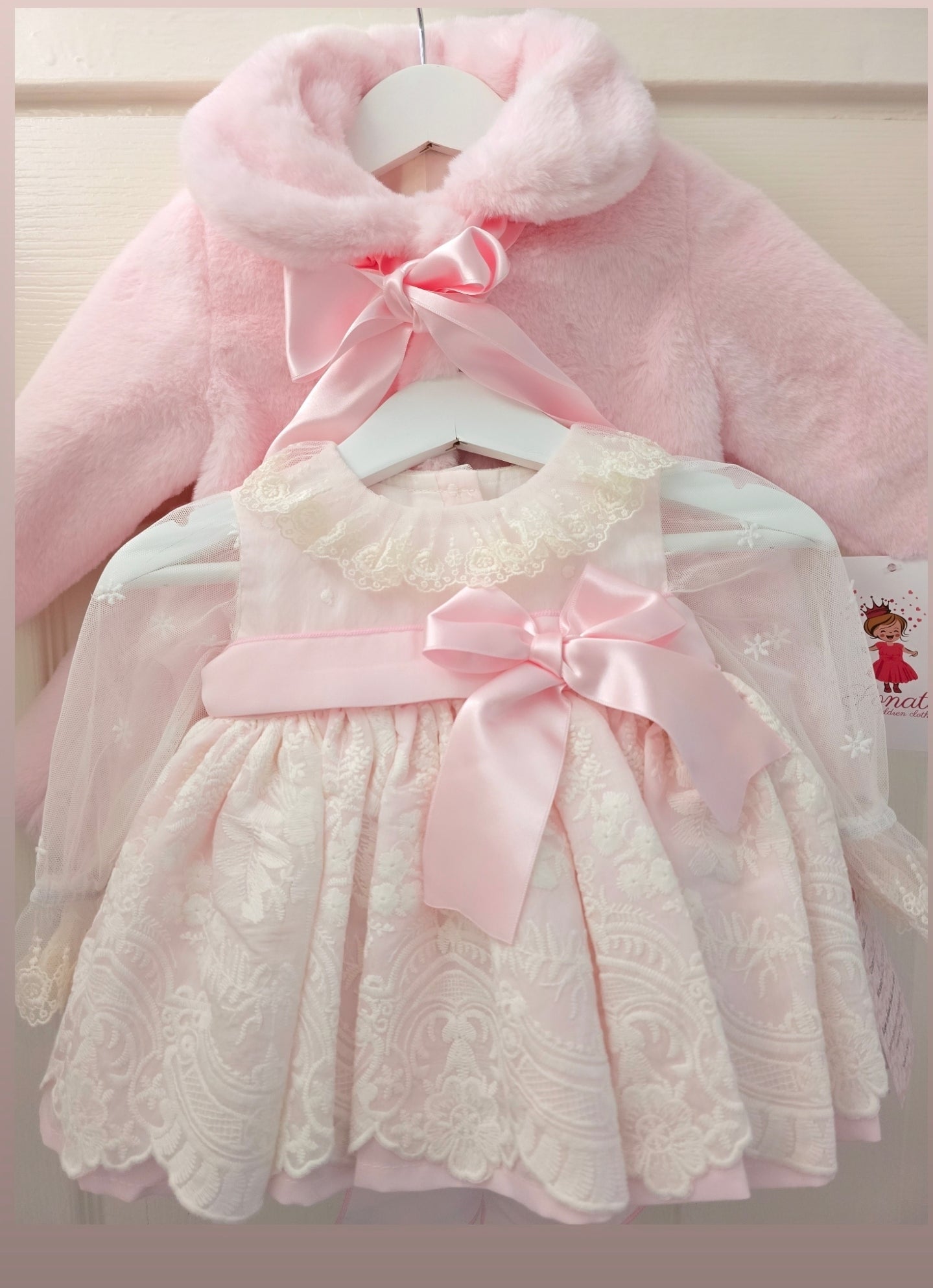 Sonata AW25 Spanish Girls Pink Fur Coat & Lace Dress Set IN2522 - MADE TO ORDER