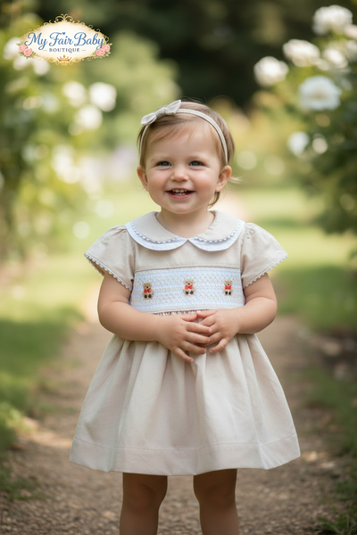 Mabini Traditional Girls Cream Smocked Teddy Dress Set
