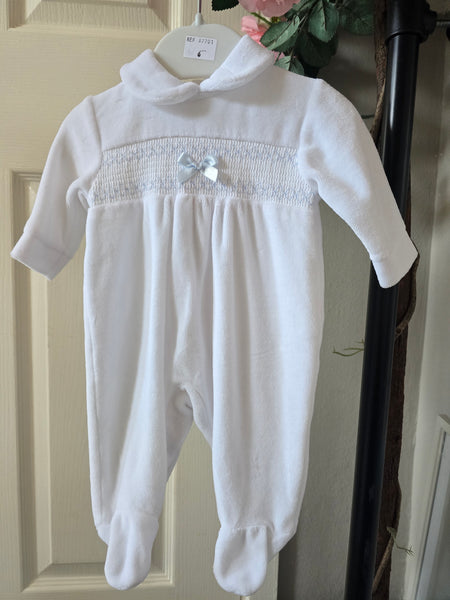 Spanish Baby Boys White & Blue Smocked Velour Sleepsuit Newborn ~ imperfect