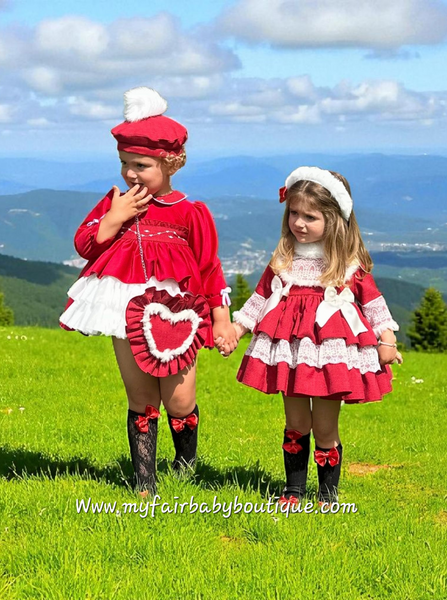 Sonata Infantil AW25 Spanish Girls Red Lace & Fur Puffball Dress IN2506 ~ MADE TO ORDER