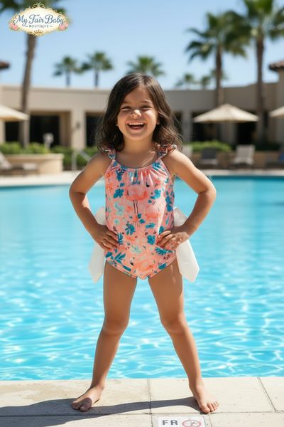 Girls Peach Flamingo Bow Swimming Costume ~ 2-12y