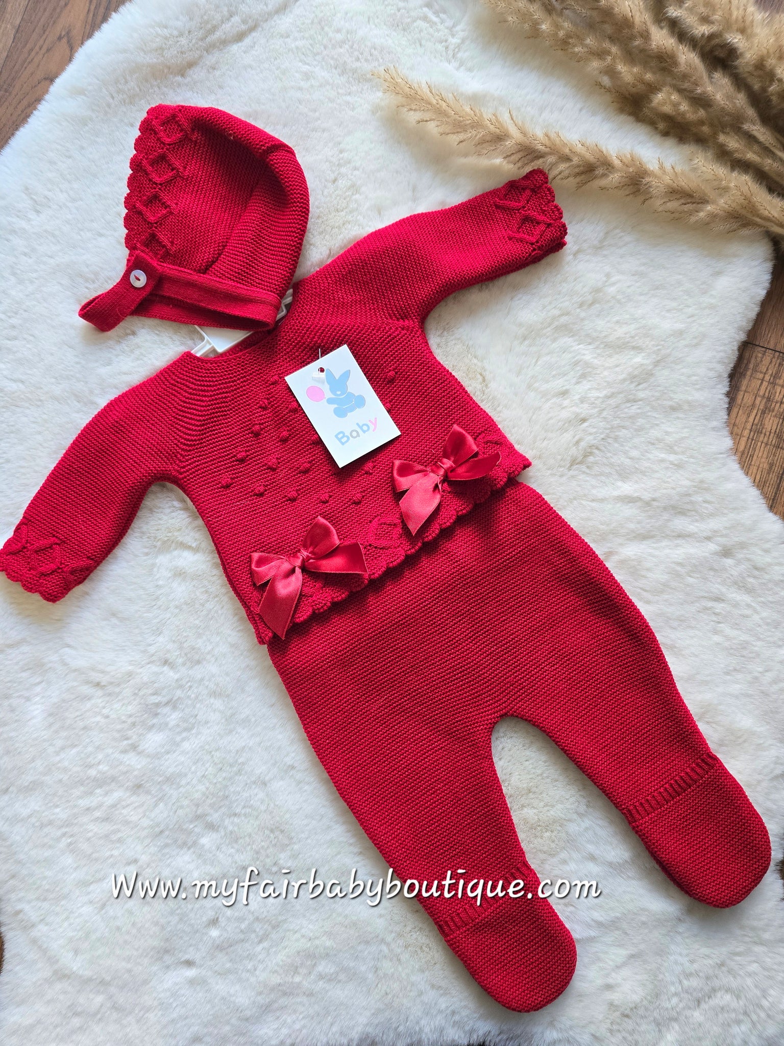Spanish Baby Girls Red Knitted Ribbon 3pc Trouser Set C1003 ~ NB,12m