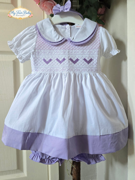 Mabini Traditional Girls White & Lilac Smocked Dress Set