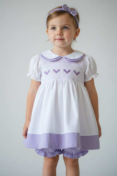 Mabini Traditional Girls White & Lilac Smocked Dress Set