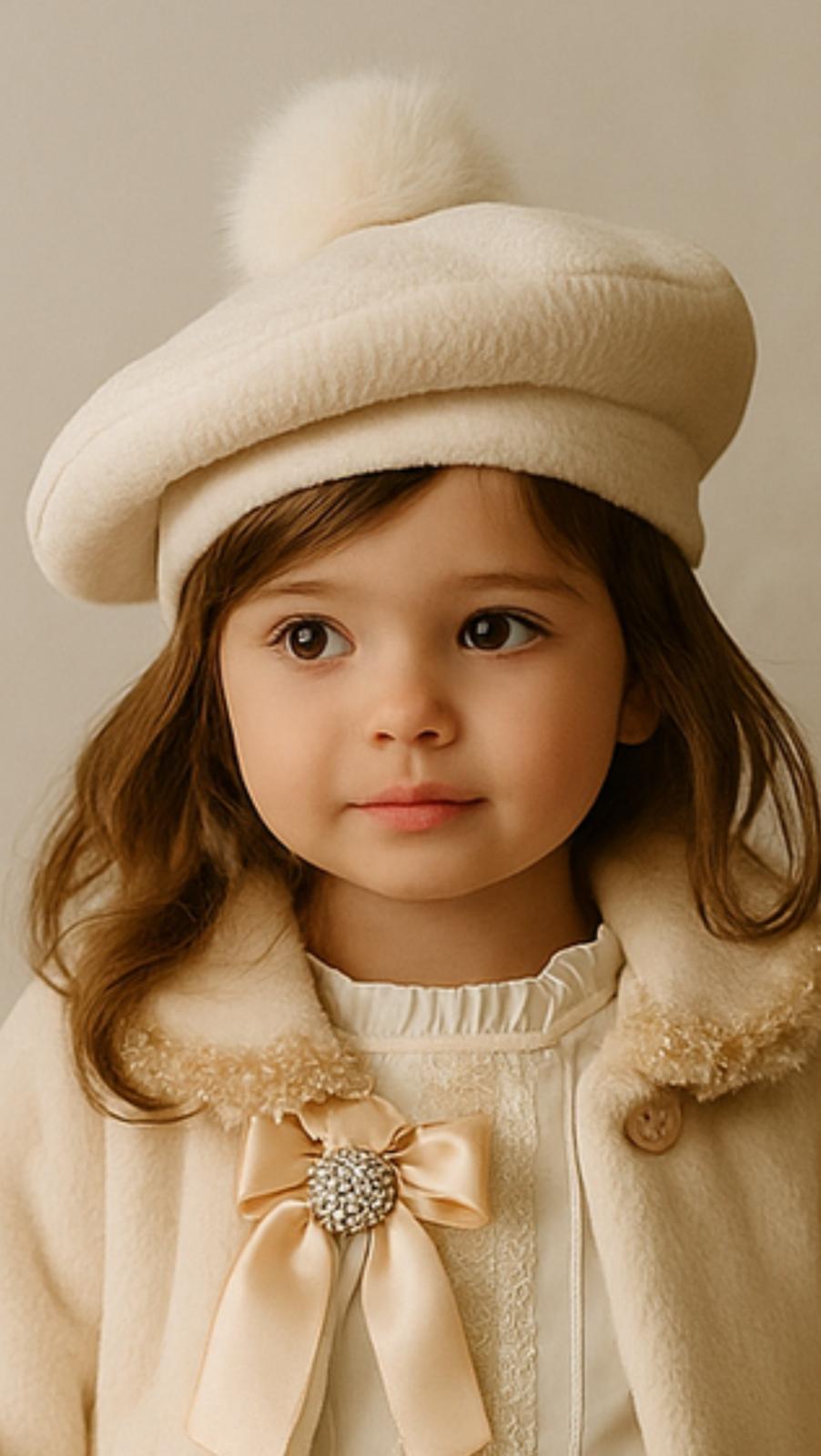 Sonata AW25 Spanish Girls/Boys Cream Fur Pom Pom Beret NA2511 - MADE TO ORDER