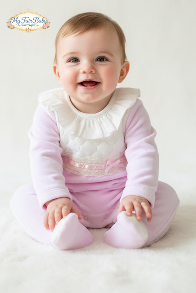 Spanish Baby Girls Pink & Cream Velour Sleepsuit/Babygrow ~ NB-6m