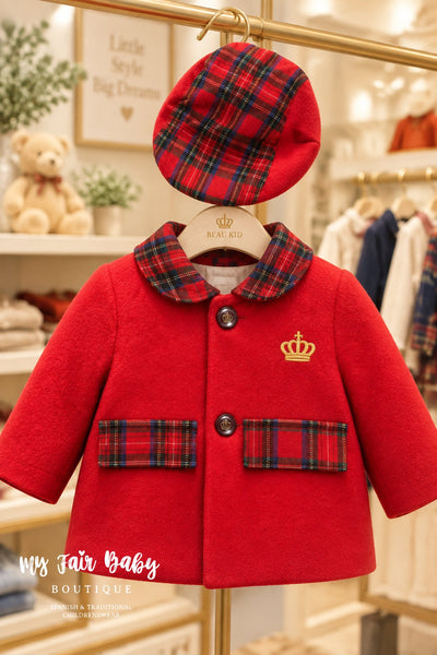 Beau Kid Traditional Baby Boys Red Tartan Jacket & Cap Set ~ 0-12m