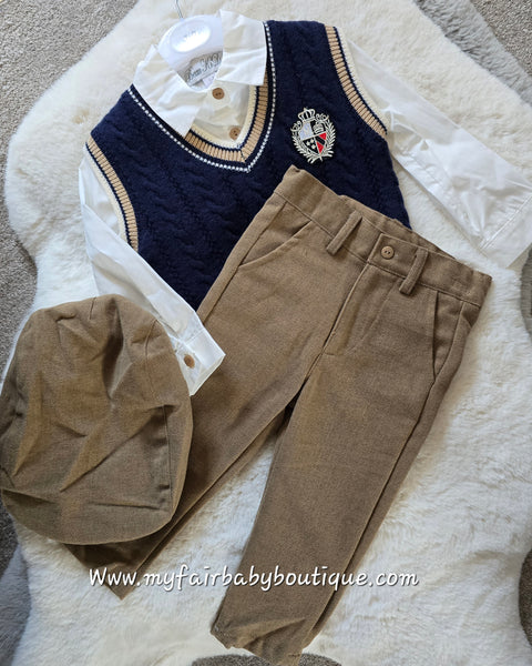 Beau Kid Traditional Boys Navy & Camel Tank Top 4pc Set 2802b