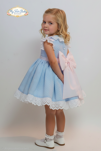 Sonata Infantil Spanish Girls Blue & Pink Plumetti Smocked Puffball Dress MOD322 - MADE TO ORDER