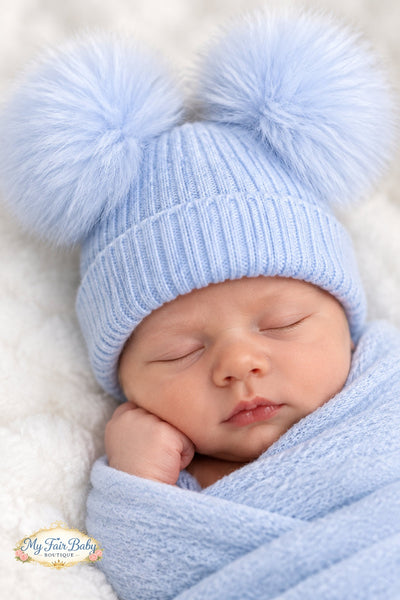 Traditional Baby Boys Blue Double Fur Pom Pom Hats