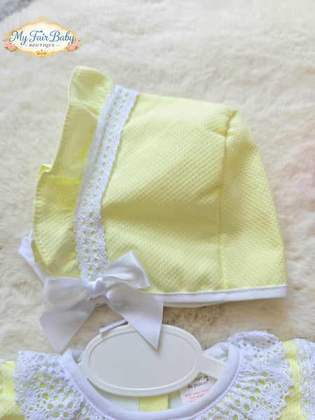 Spanish Baby Girls Lemon Waffle Romper & Bonnet Set