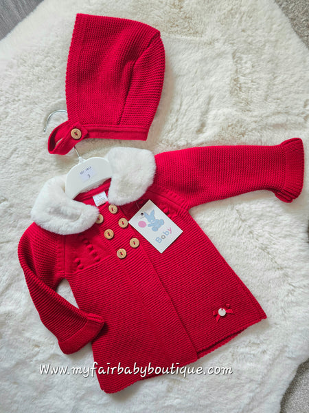 Spanish Baby Girls Red Knitted Fur Trimmed Jacket & Bonnet ~ 3-24m