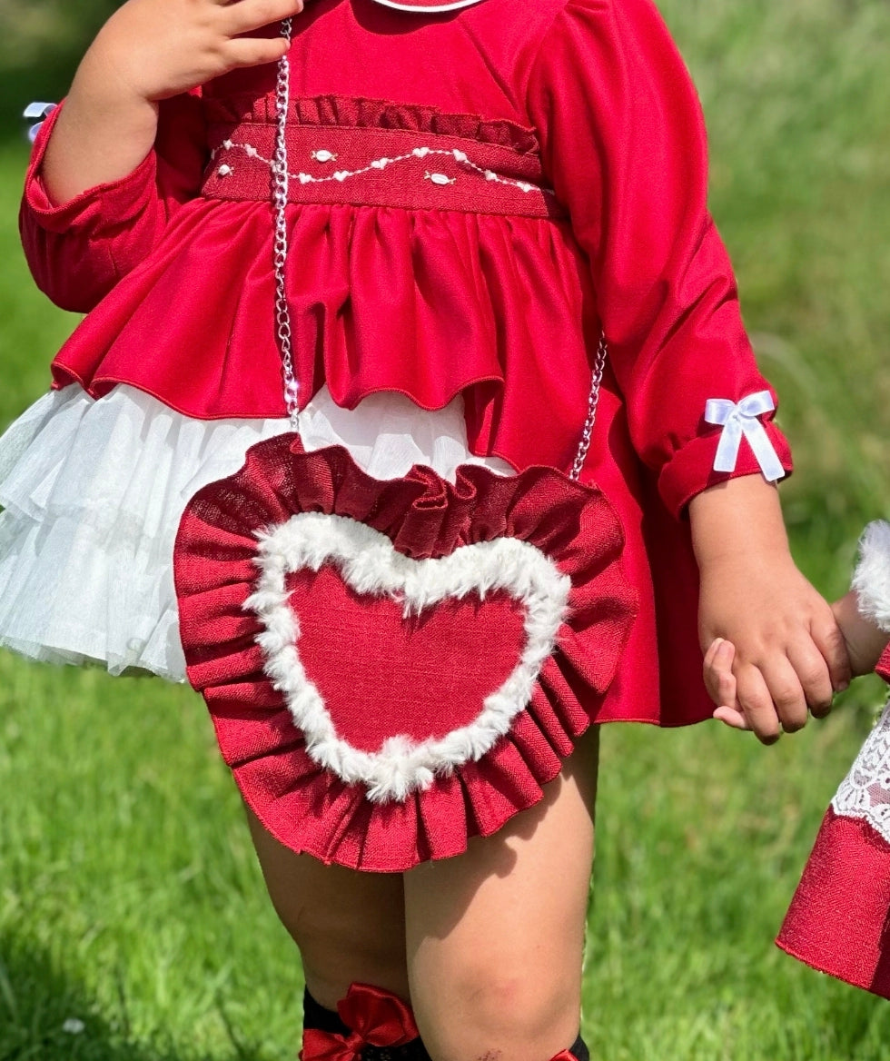 Sonata Infantil AW25 Spanish Girls Red Heart Bag With Fur IN2505 - MADE TO ORDER