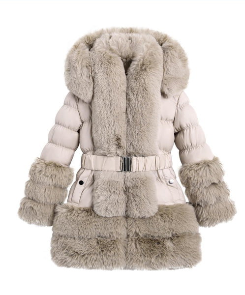 Girls Beige Hooded Fur Puffer Coat/Jacket - 1-6y