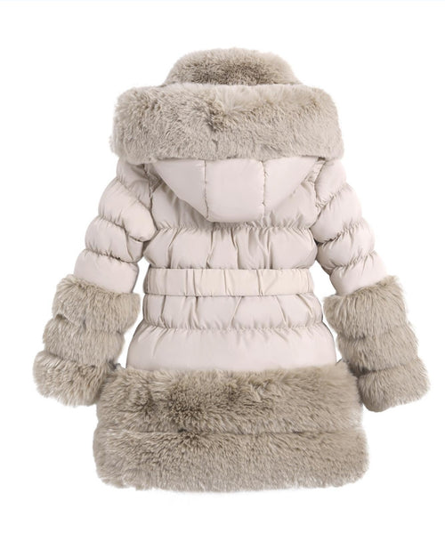Girls Beige Hooded Fur Puffer Coat/Jacket - 1-6y