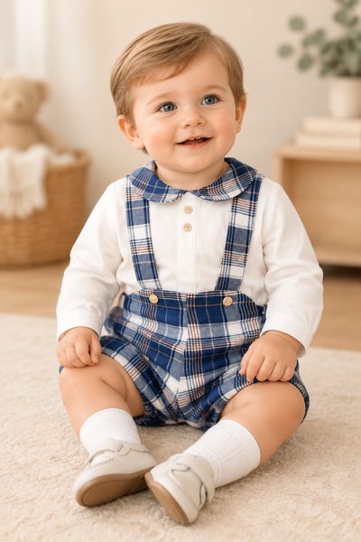 Spanish Baby Boys Navy & White Plaid Dungaree Set ~ 3-36m