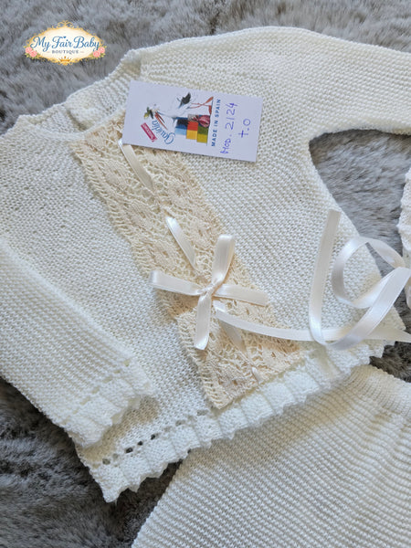 Spanish Creaciones Gavidia Unisex Baby Cream Knitted 3pc Lace Set 2124