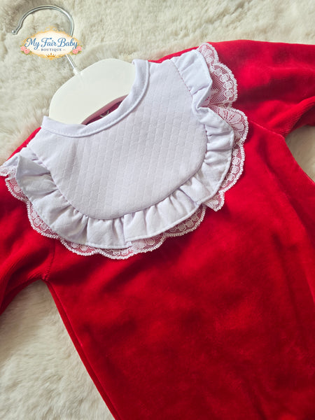 Spanish Baby Girls Red & White Frill Velour Sleepsuit/Babygrow ~ NB-6m
