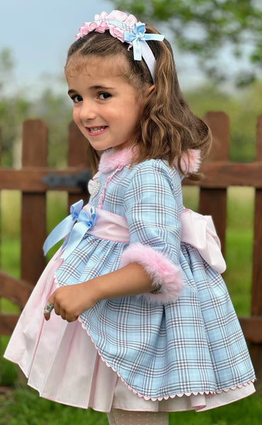 Sonata Infantil AW25 Spanish Girls Blue & Pink Check Puffball Dress IN2519 ~ MADE TO ORDER