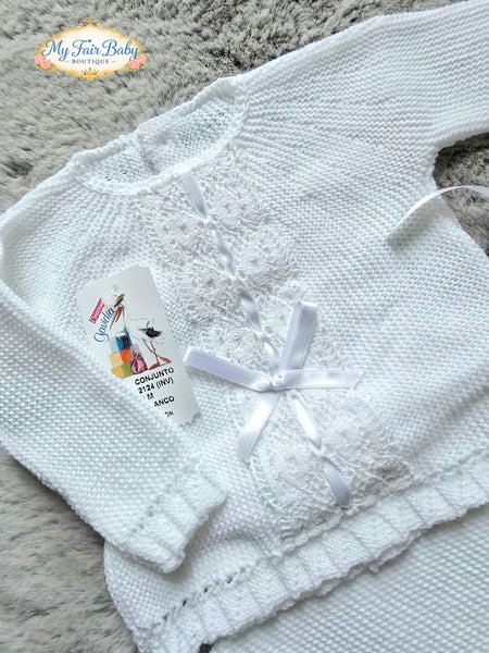 Spanish Creaciones Gavidia Unisex Baby White Knitted 3pc Lace Set 2124