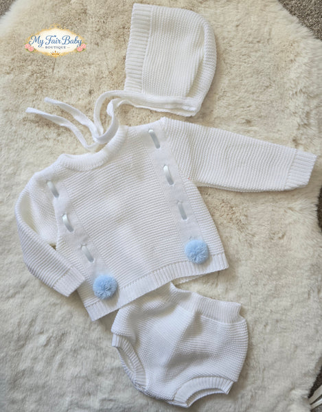 Spanish Baby Boys White & Blue Knitted Jam Pant 3pc Set