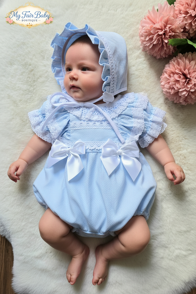 Spanish Baby Girls Blue Waffle Summer Romper & Bonnet Set M002L