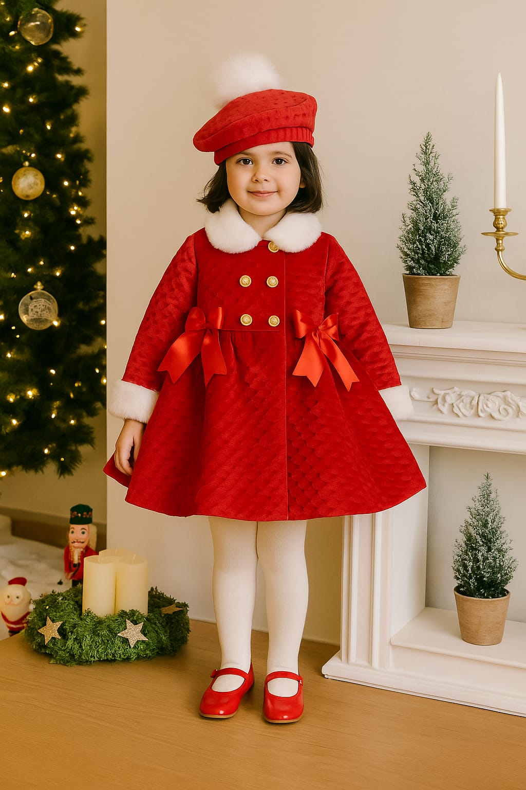 Sonata Infantil AW25 Spanish Girls Red Velvet Fur Trimmed Winter Coat & Beret NA2506 - 24m ~ IN STOCK NOW