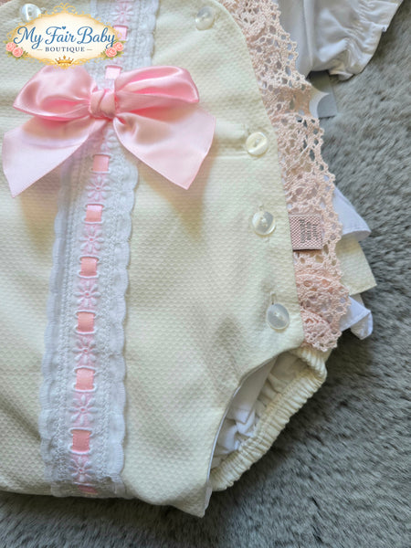 Spanish Baby Girls Cream & Pink Waffle Bow Romper M002C