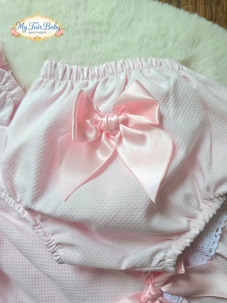 Spanish Girls Pink Waffle Bow & Lace Dress V004 ~ 3-36m