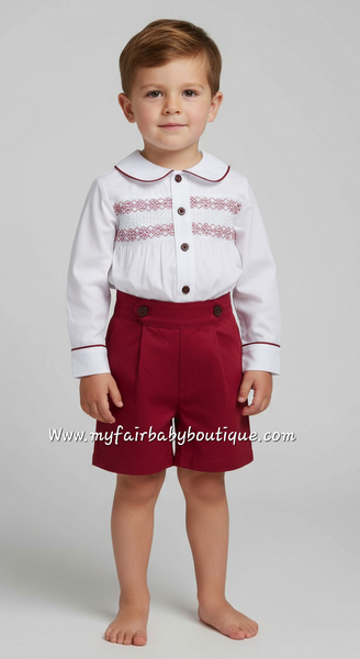 Mabini Traditional Spanish Boys Burgundy Smocked Christmas Short Set 2828 ~ 0-4y