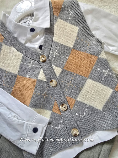 Beau Kid Traditional Boys Grey Argyle Tank Top 4pc Set 2817