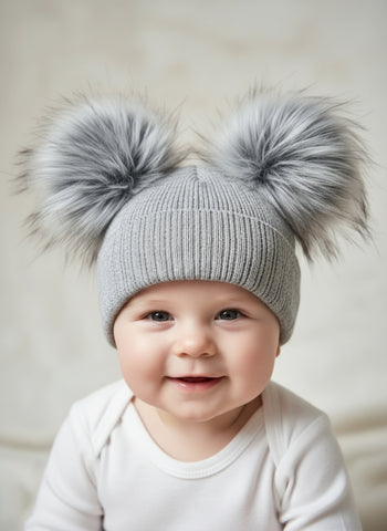 Unisex Baby Grey Double Fur Pom Pom Winter Hat ~0-3y