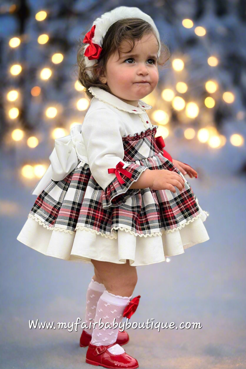 Sonata Infantil AW25 Spanish Girls Ivory Velvet & Red Plaid Christmas Puffball Dress IN2503 ~ MADE TO ORDER