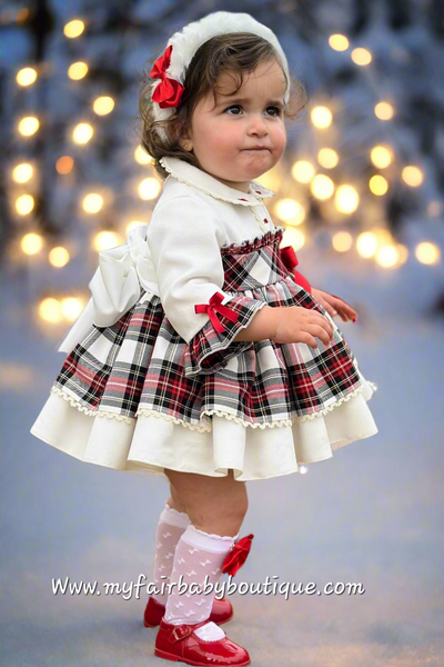 Sonata Infantil AW25 Spanish Girls Ivory Velvet & Red Plaid Christmas Puffball Dress IN2503 ~ MADE TO ORDER
