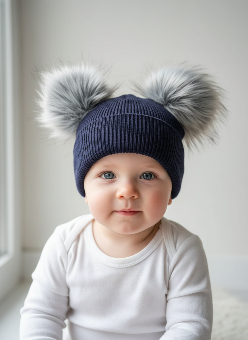 Unisex Baby Navy Double Fur Pom Pom Winter Hat ~0-3y