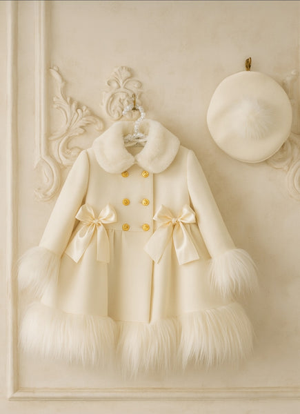 Sonata Infantil AW25 Spanish Girls Cream Winter Fur Trimmed Coat IN2509 - MADE TO ORDER