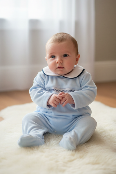 Traditional Baby Boys Blue Smocked Velour Sleepsuit/Babygrow ~ 1m