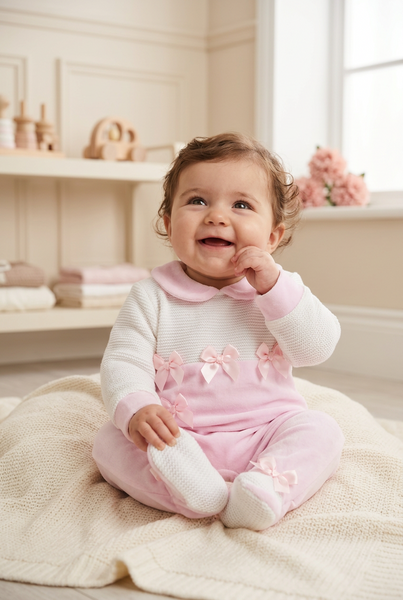 Spanish Baby Girls Pink Half-knit Bow Velour Sleepsuit/Babygrow ~ 1-12m