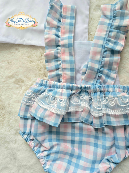 Spanish Baby Girls Blue & Pink Check Ruffled Romper M002 ~ 3-36m